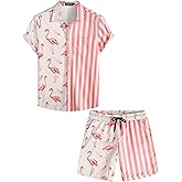 VATPAVE Mens Flamingo Hawaiian Sets Casual Short Sleeve Button Down Shirts Beach Outfits