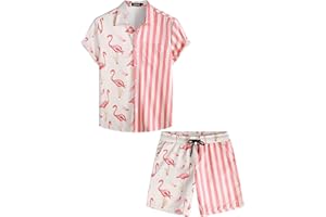 VATPAVE Mens Flamingo Hawaiian Sets Casual Short Sleeve Button Down Shirts Beach Outfits