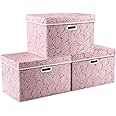 PRANDOM Larger Collapsible Storage Boxes with Lids Fabric Decorative Bins Cubes Organizer Containers Baskets Handles Divider for Bedroom Closet Living Room Pink 17.7x11.8x11.8 Inch 3 Pack