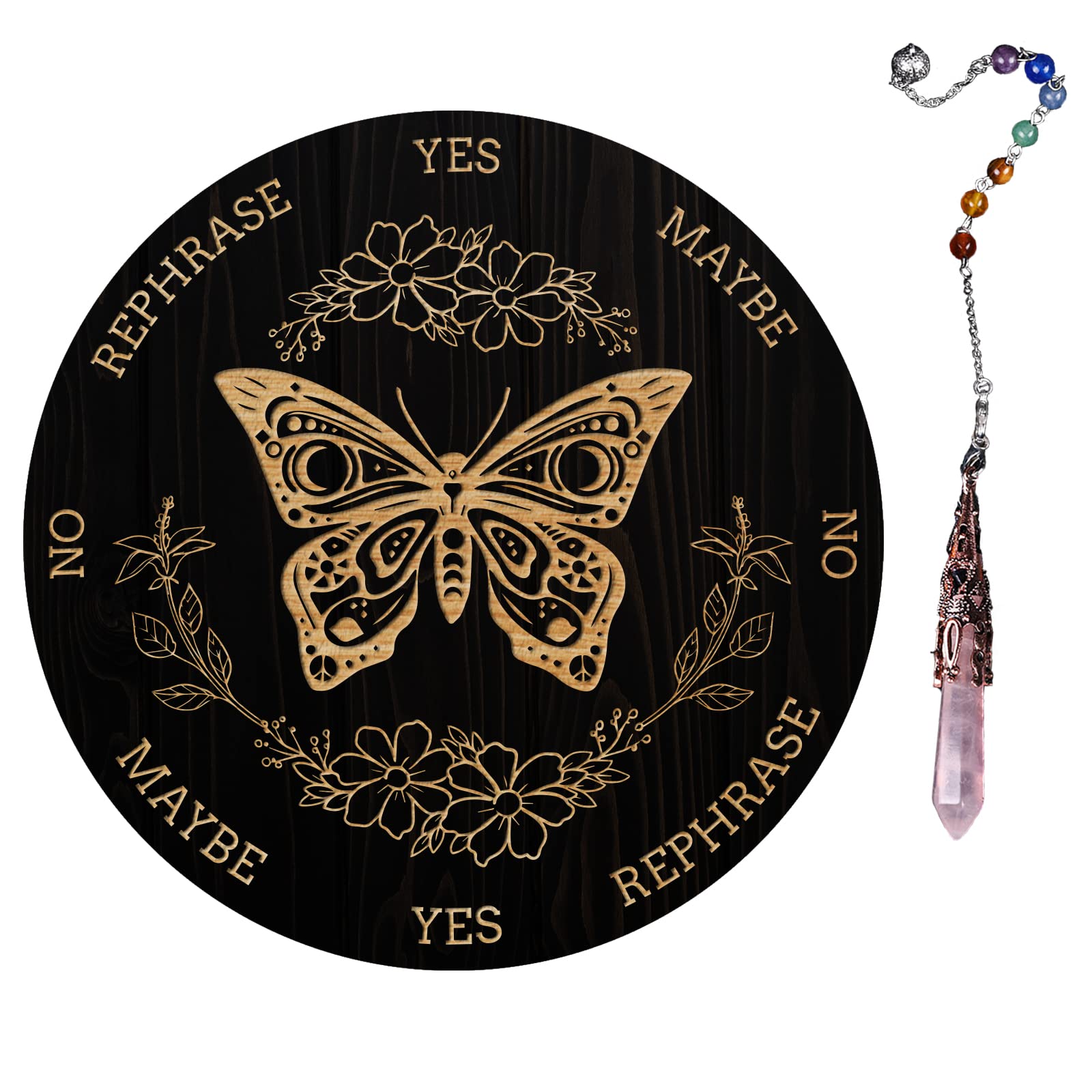 AHANDMAKER Butterfly Flower Pendulum Board, 7.8" Dowsing Divination Metaphysical Message Board Wooden Carven Board with Crystal Pendulum Necklace Divination for Witchcraft Wiccan Altar Supplies Kit