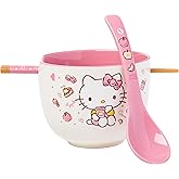 Silver Buffalo Sanrio Hello Kitty Apples and Cinnamon Ceramic Ramen Noodle Rice Bowl with Chopsticks and Spoon, Microwave Safe, 20 Ounces