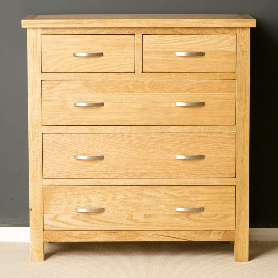 RoselandFurniture London Oak 2 over 3 Chest of Drawers, Beige, 38D x 85W x 90H cm (5 Drawers) - Image 3