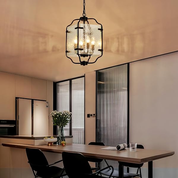 MAJHOIW 10.2″ BLACK CHANDELIERS GLASS 4 LIGHT MODERN FARMHOUSE LANTERN CAGE LAMP ADJUSTABLE HANGING PENDANT LIGHTING FIXTURE FOR KITCHEN ISLAND ENTRYWAY FOYER DINING ROOM