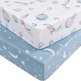Nyessmee Pack and Play Sheets for Boys Girls, 38" x 26" Mini Crib Sheets Fitted for Pack n Play Mattress, Soft Breathable Playard Sheets, 2-Pack Blue Rocket
