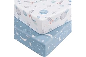 Nyessmee Baby Crib Sheets for Boys and Girls, Fitted Crib Sheets 52" x 28", Soft Breathable Microfiber Sheets for Standard Crib and Toddler Mattress, 2-Pack Blue Rocket