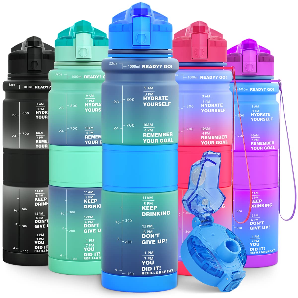 Lunidry 1 Litre Water Bottle, 500ml Kids Water Bottle for School, BPA Free Leakproof Motivational Plastic Drink Bottles with Time Markings, 1l Sports Water Bottles for Running, Gym, Mens