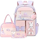 youcoscos Girls Backpack,Kawaii Bunny Backpack for Girls Kindergarten Cute Elementary Schoolbag with Lunch Box Kids Children Bookbag Casual Daypack with Chest Strap