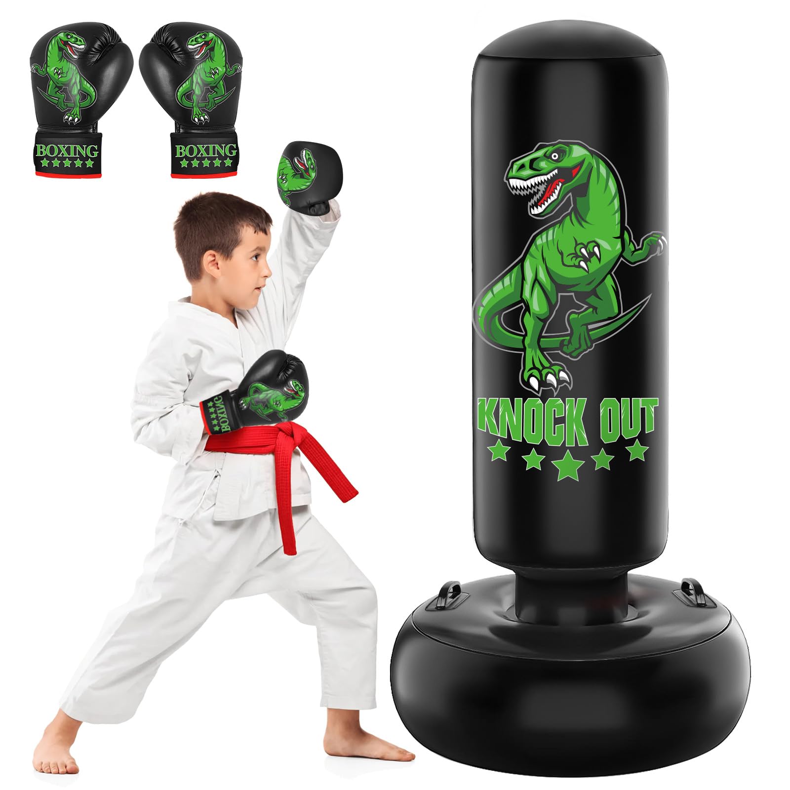Photo 1 of 66 inch Dinosaur Punching Bag for Kids, Larger Stable Inflatable Boxing Bag with Gloves, Boxing Equipment for Punching Bag Practice Karate, Taekwondo, Kids Boxing Bag for Boys Girls Age 4-14, Blue