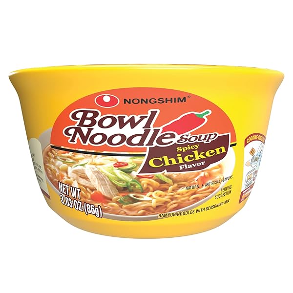 NONGSHIM SPICY CHICKEN NOODLE SOUP INSTANT RAMEN, 12 PACK, KOREAN MICROWAVEABLE BOWL SOUP MIX, RAMYUN WITH VEGGIES, SABOR A POLLO