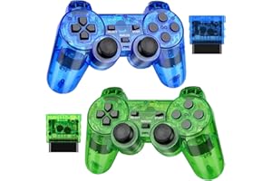 Doueuain Wireless Controller for PS2, 2 Pack 2.4G Dual Vibration Gamepad Joystick Compatible for Play station 2, Ps-2 Game Remote with Wireless Receivers Clear Green and Clear Blue