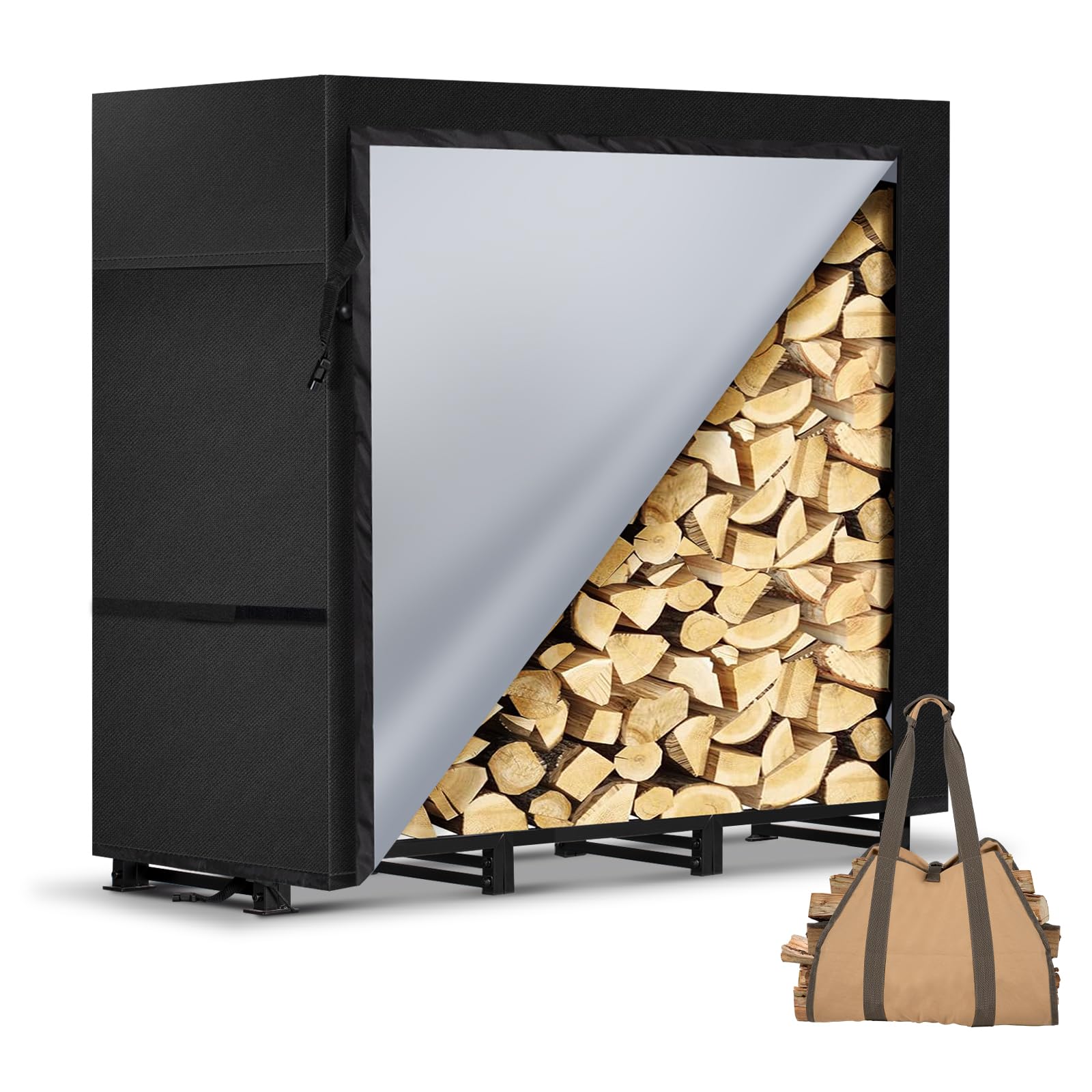 Photo 1 of **FACTORY SEALED** LOENIY 4ft Firewood Rack Outdoor with Waterproof Widened Cover, Heavy Duty Firewood Holder includes Carrier Bag, Powder-coated Wood Rack with Hooks, Firewood Storage Rack for Fireplace Deck Patio