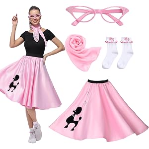 OFCOSU Adults Sock Hop Outfits, Women 1950s Costume, Women 50's Day Poodle Skirt with Glasses, Scarf and Socks