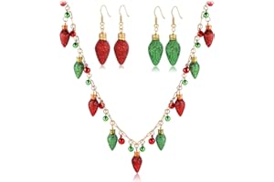 VOGUEKNOCK Christmas Necklace Red Green Glitter Christmas Light Bulb Necklace Earrings Set Long Holiday Jewelry