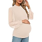 FMEYOA Women's Maternity Shirt Long Sleeve Top Swiss Dot Mock Neck Ribbed Knit Striped Ruched Side Blouse