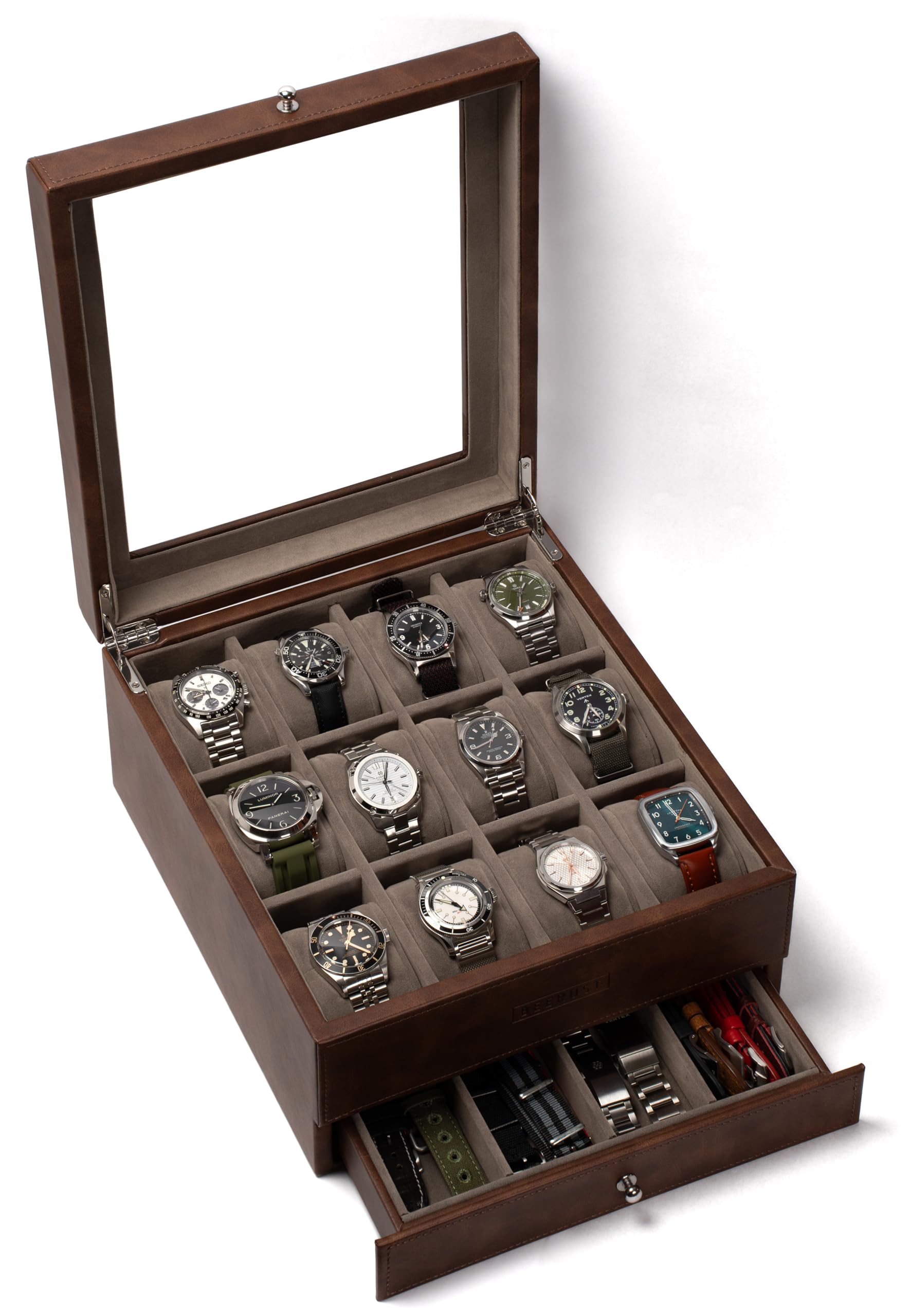 BEERUST 12 Slot Leather Watch Box Organizer for Men - Display Case with Valet Drawer - Ideal for Large Wrist Watches and Jewelry