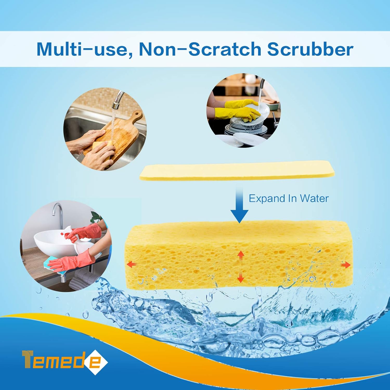 Temede Sponges for Dishes, Large Cellulose Kitchen Sponge, 3.5cm Thick Heavy Duty Scrub Sponges for Cleaning, Non-Scratch Dish Scrubber Natural Sponge for Household Cleaning, Cookware, Bathroom, 5pcs: Kitchen & Dining