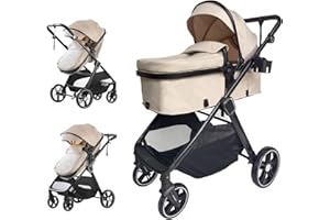 Trenana 2 in1 Baby Stroller,High Landscape Infant Stroller,Reversible Bassinet Stroller,Adjustable Backrest & Canopy,Foldable Aluminum Alloy Anti-Shock for Newborn (620-Khaki)