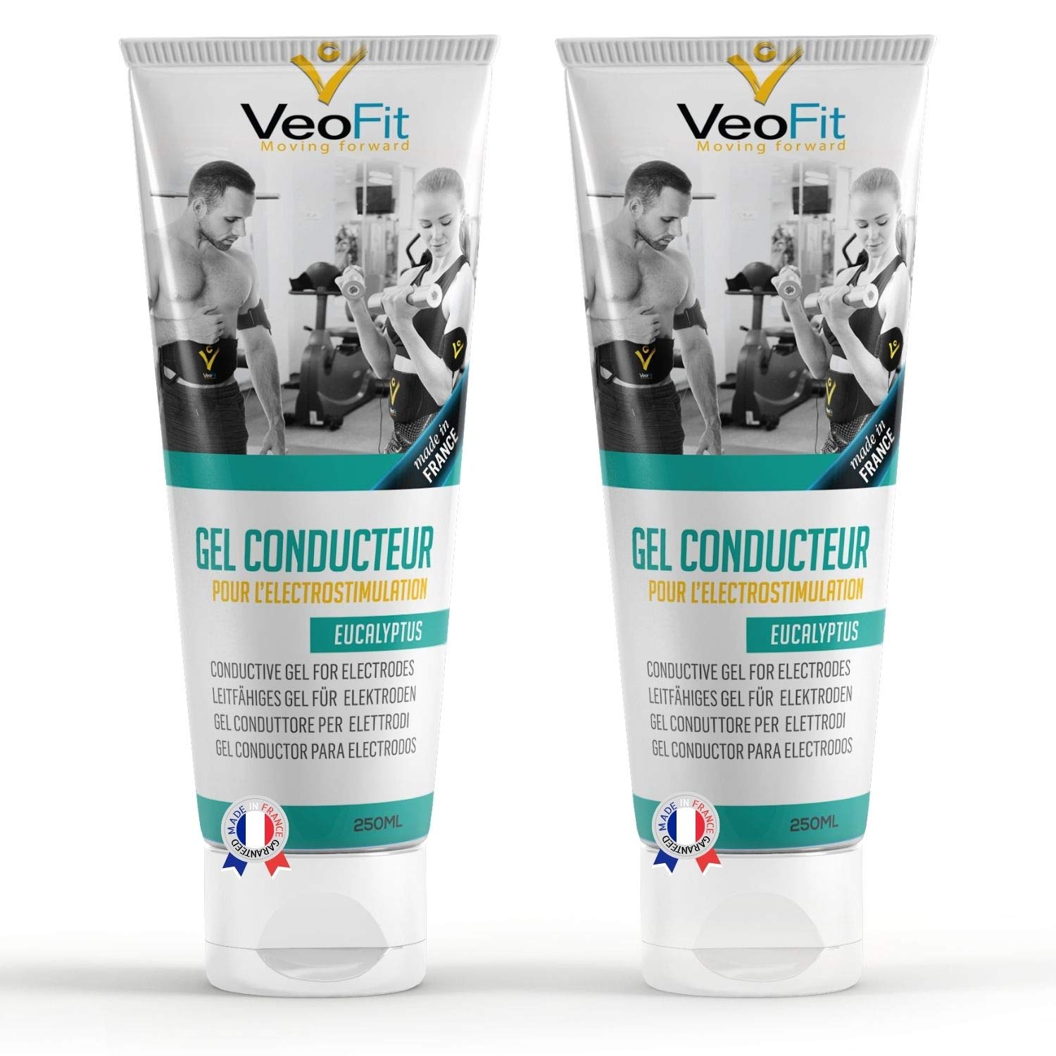 VeoFit- Conductive Gel for Ab Belt Eucalyptus 2x250mL, Electrostimulators, EMS TENS Electrodes - Improves Electrode Contact and Protects The Skin - Made in France