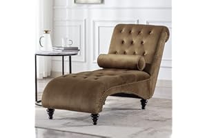 ONPNO Tufted Velvet Chaise Lounge Indoor, Leisure Accent Chair Upholstered Couch with Toss Pillow for Bedrooom Living (Brown)