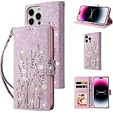 UEEBAI Wallet Case for iPhone 16 Pro, PU Leather Phone Cover Kickstand RFID Blocking Flip Case Card Slots Wrist Strap Relief Engraved Pattern Magnetic Closure Flower Folio Wallet, Lavender