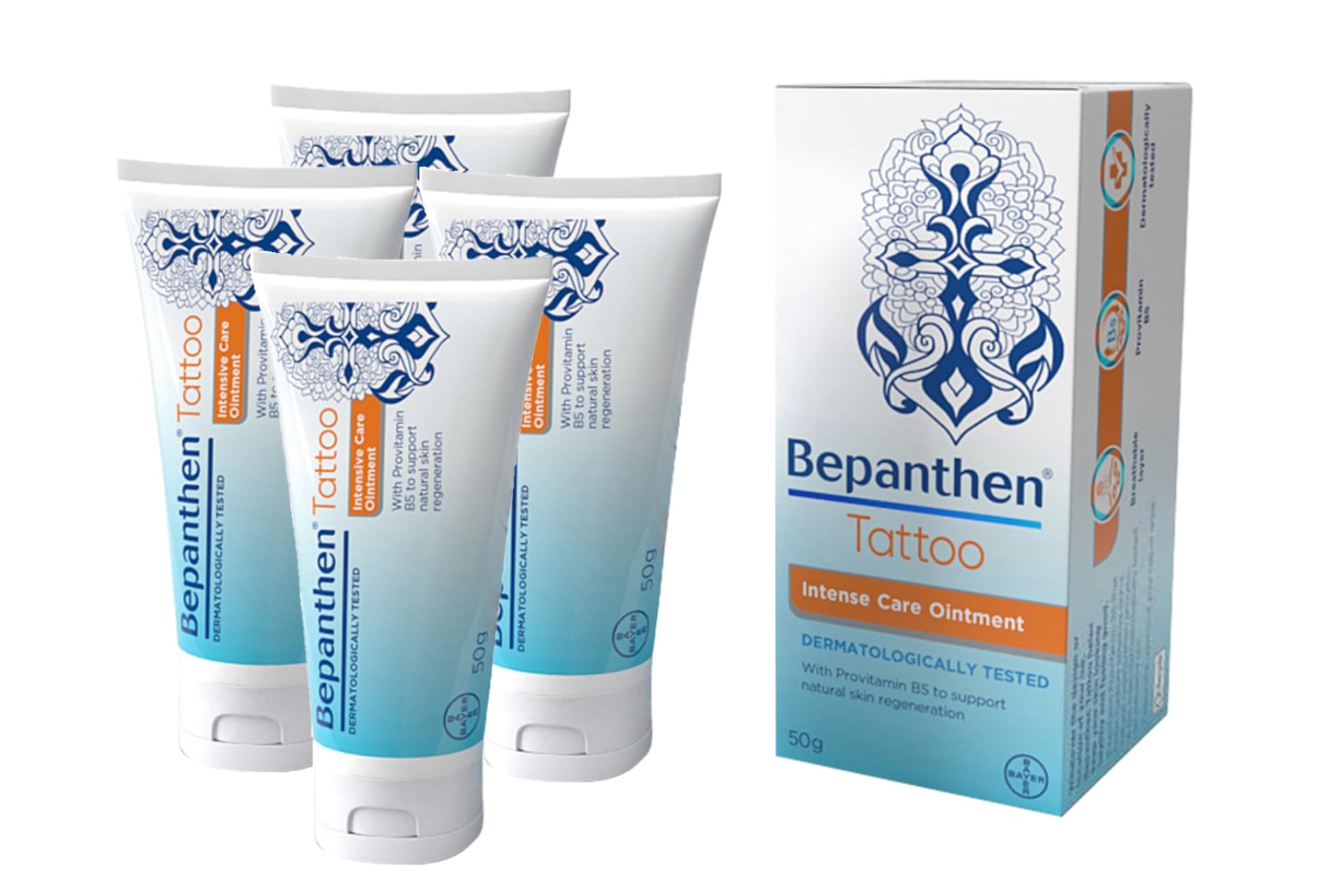 Bepanthen Tattoo | Keeps Tattooed Skin Hydrated & Looking Healthy | Free from Preservatives | Made with Provitamin B5 | 200g (4 tubes of 50g) — image 1
