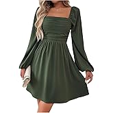 Floerns Women's Lantern Long Sleeve Mini Dress Square Neck Ruched A Line Dress