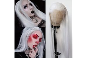 BTWTRY White Synthetic Lace Front Wig - Long Straight Platinum Snow White Lace Front Synthetic Wig - Pre Plucked Natural Hairline - Glueless Heat Resistant Fiber Hair Wig for Fashion Women