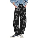 yoeasy Women's Mid Rise Baggy Barrel Jeans Floral Printed Wide Leg Y2k Boyfriend Jeans Denim Ankle Pants