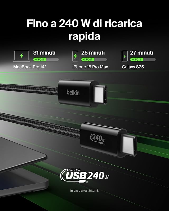 Confezione da 2 cavi intrecciati da USB-C a USB-C da 1,5 m, 240 W, cavo flessibile per ricarica rapida, cavo Type-C per iPhone 17 e iPhone 16 series, Galaxy S25, Pixel 10, iPad Pro ecc., nero