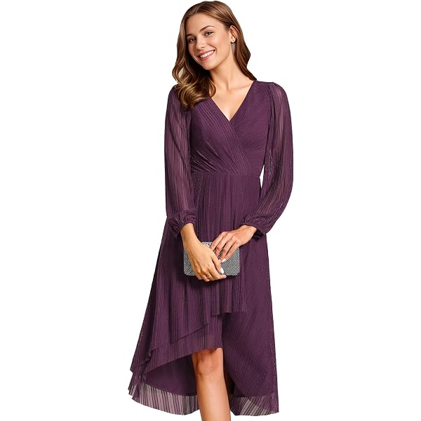 thumbnail image 2 of Pleated V-Neck Long Sleeves Asymmetrical Hem Wedding Guest Dress - Ever... 2 of 9
