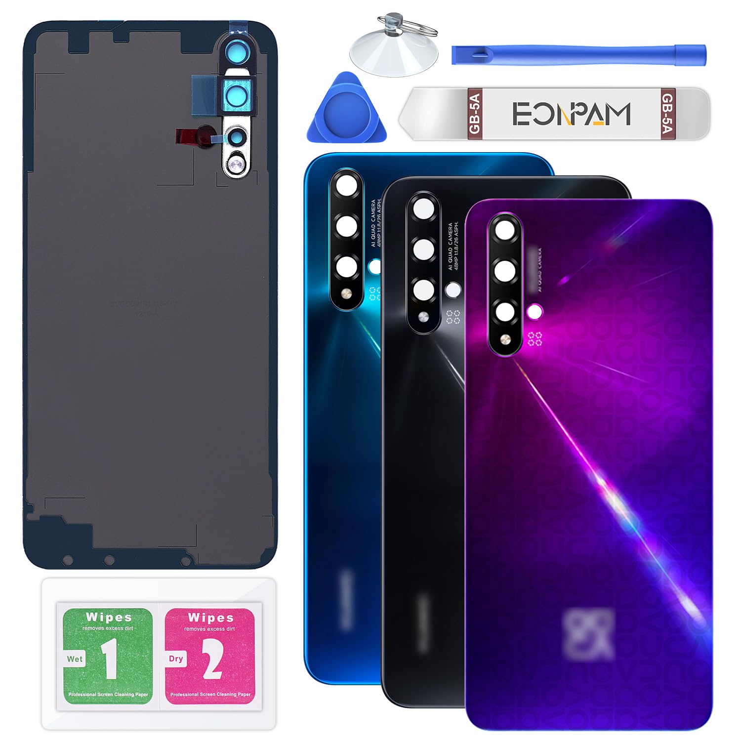 Eonpam Back Cover Glass for Huawei Nova 5T Rear Glass Replacement with Camera Lens + Repair Kit Genuine Rear Housing (Midsummer Purple)