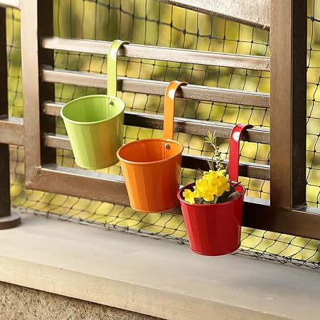ExclusiveLane Tiny Triplets Metal Hanging Hand-Painted Railing and Table Planters Pot (Set of 3) - Flower Pot Stand for Indoor Plants Balcony Garden D