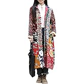 Women's Boho Floral Patchwork Fleece Coat Loose Long Fit Button Camo Trench Jacket with for Fall & Winter