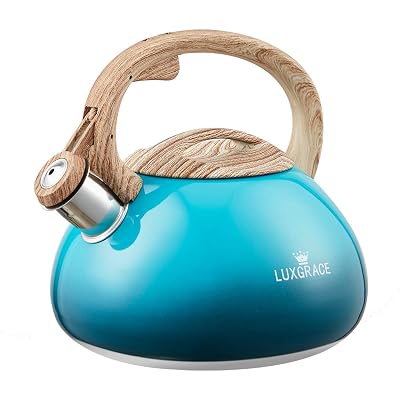 Teapot Whistling Tea Kettle with Wood Pattern Handle Loud Whistle,Food Grade Stainless Steel Tea Pot for Stovetops Water KettleBlue