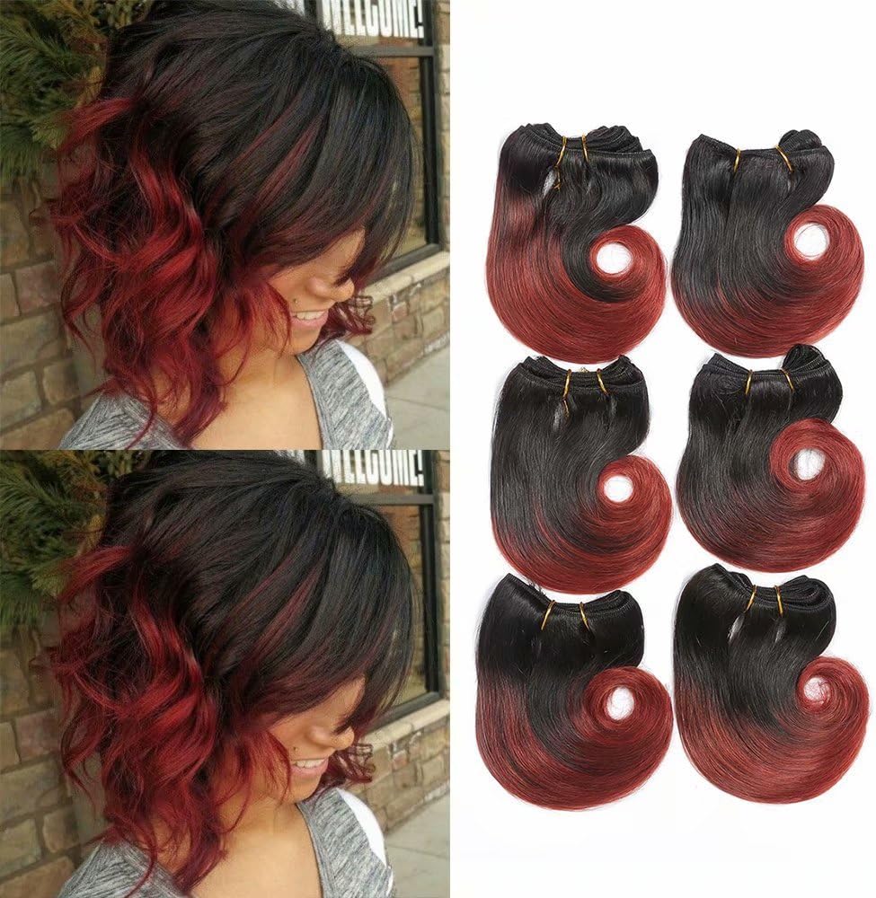 6 PCS Two Tone Black to Rich Copper Red Bob Ombre Short Human Hair Weaves Body Wave Brazilian Virgin Human Hair Extension Weft,25g/pc (#1B/33)