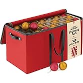 Large 128 Christmas Ornament Storage Box, Adjustable Compartment Dividers, Dual Zipper, Stackable Holiday Decorations Organizer with Lid, Xmas Durable Fabric Bin, Reinforced Handles Space-Saving (Red)