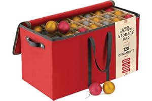 PEULEX Large 128 Christmas Ornament Storage Box, Adjustable Compartment Dividers, Dual Zipper, Stackable Holiday Decorations Organizer with Lid, Xmas Durable Fabric Bin, Reinforced Handles Space-Saving (Red)
