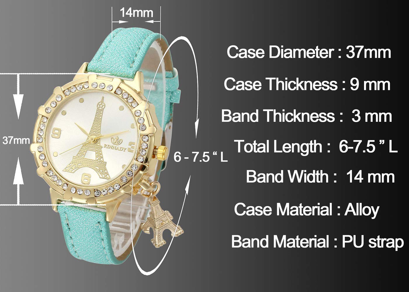 Top Plaza Womens Ladies Fashion Casual Leather Analog Quartz Wrist Watch Unique Tower Pattern Rhinestones Golen Case Dress Watches with Small Tower Charm(White)