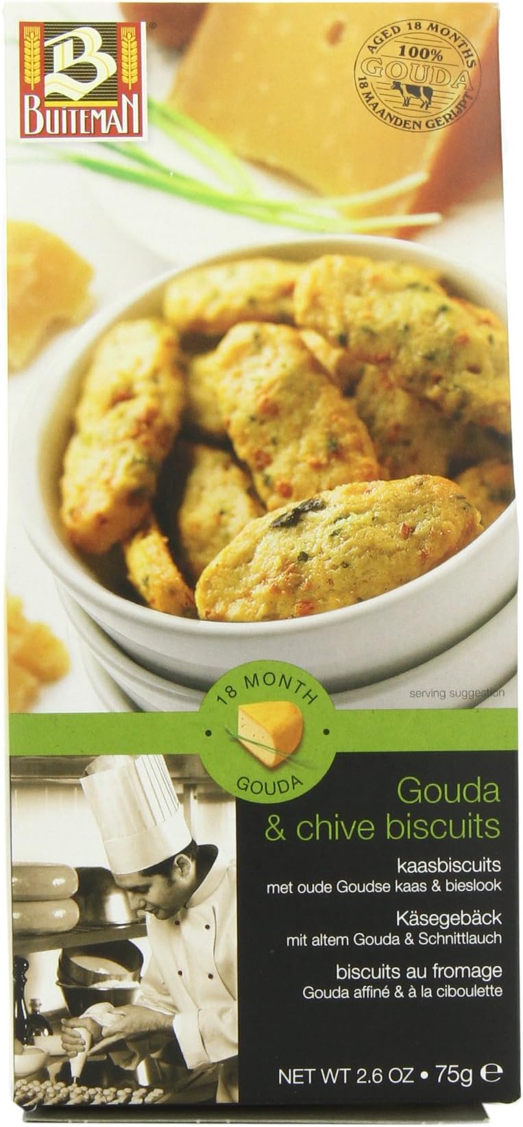 Buiteman Gouda Cheese and Chive Biscuits in Gable Box 75 g (Pack of 6)