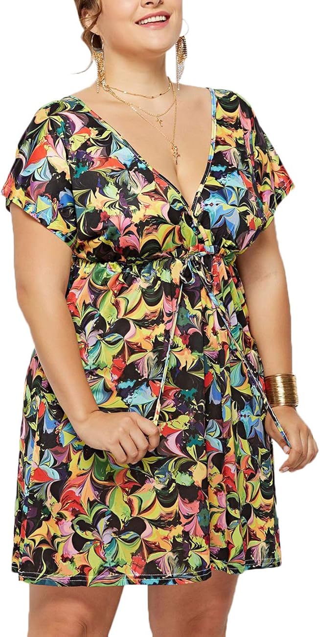 Women's Plus Size Deep V Neck Loose Casual Surplice Skort Rompers Tunic