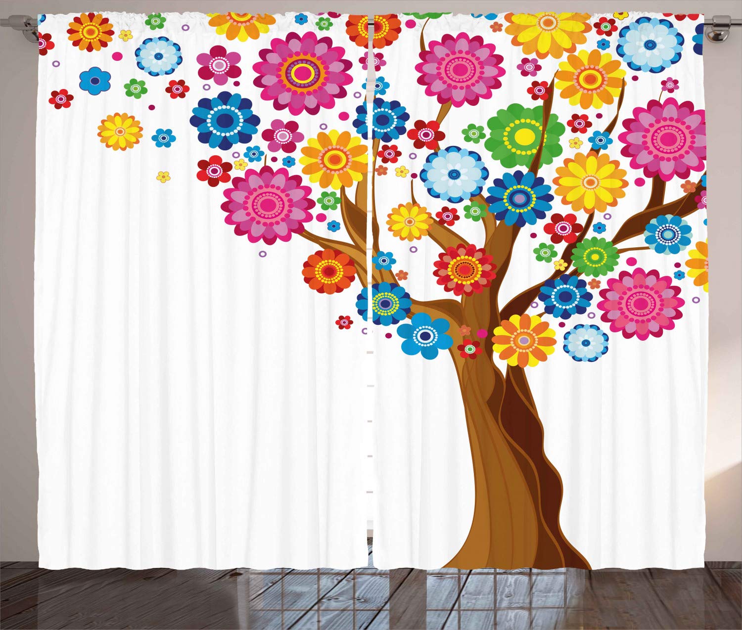 ABAKUHAUS Floral Curtains, Spring Flower Tree Flourishing Vibrant Blossoms Foliage Petals Kids Summer Print, Living Room Bedroom Window Drapes 2 Panel Set, 280 x 260 cm, Pink Brown