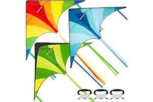 JOYIN 3 Packs Large Delta Kite Green, Blue and Rainbow, Easy to Fly for Kids with 262.5 ft String, Large Delta Beach Kite for Outdoor Games and Activities