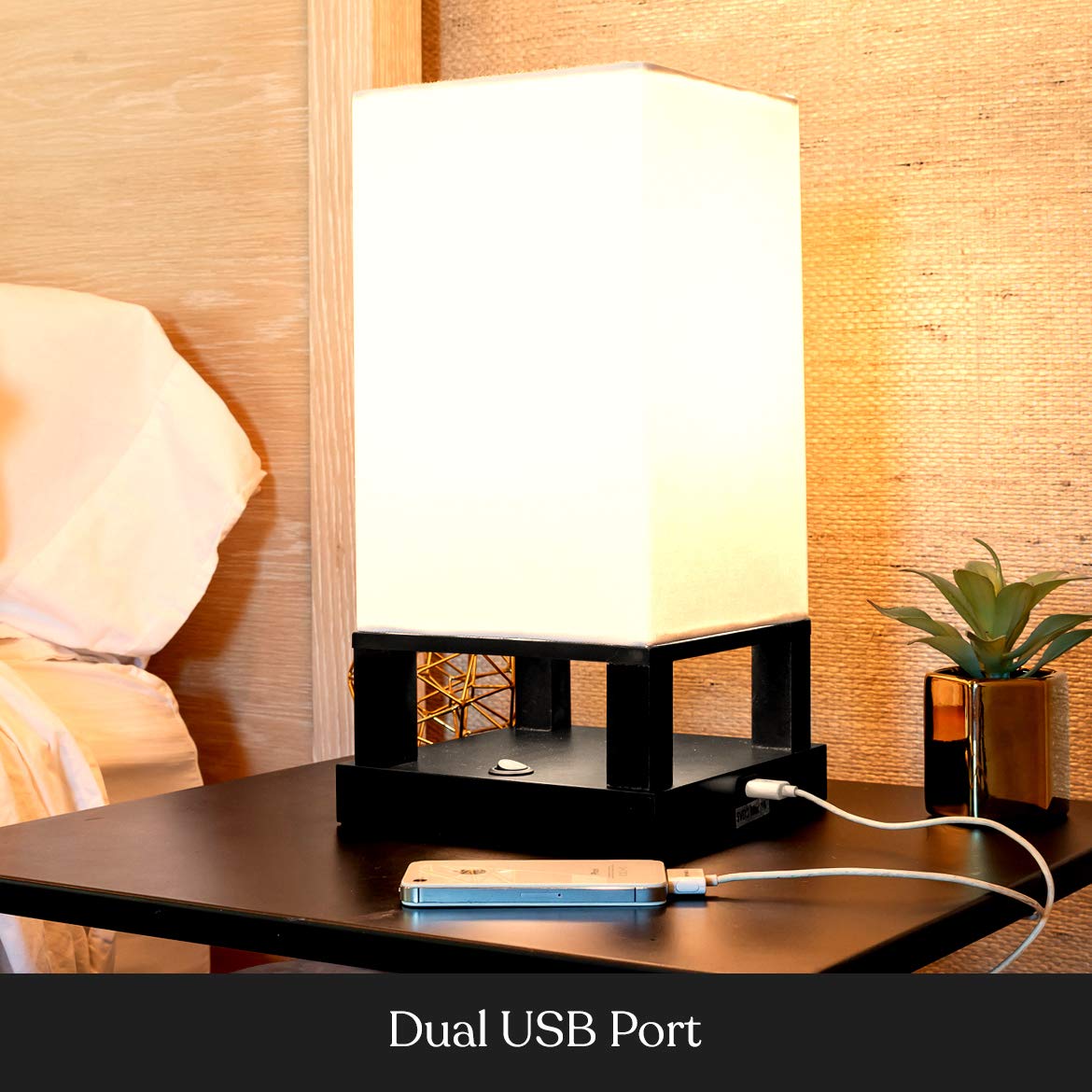 Brightech Maxwell Bedside Lamp with USB Port – Compact Table Lamp for Bedroom, Living Room - Modern Asian Nightstand Lamp with Wood Frame - LED Bulb, Soft Light - Black