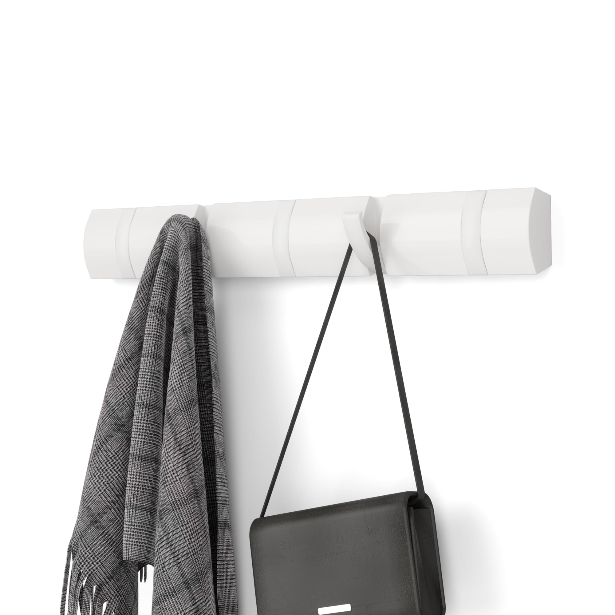 Umbra Flip Wall-Mounted Coat Rack with 5 Hooks – Modern, Space-Saving Storage for Hats, Jackets, Bags, Entryway, Mudroom, Closet, Bathroom, Bedroom – White/White Image