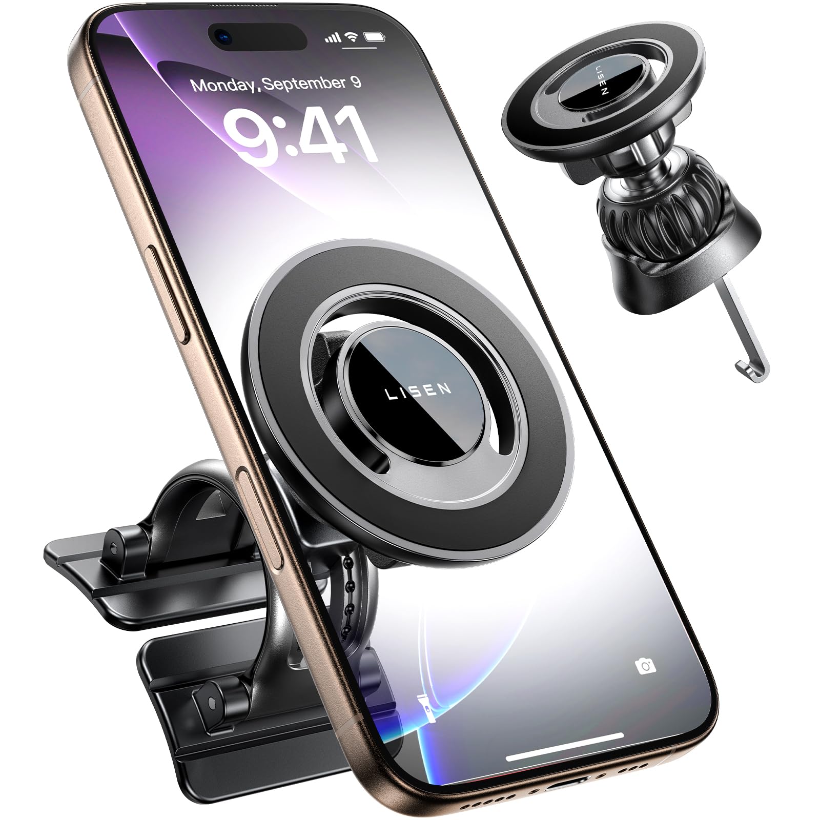 Photo 1 of LISEN for MagSafe Car Mount [360° Rotation] Magnetic Phone Holder for Car Vent Phone Mount, Hands Free Phone Mount for Car Accessories, Phone Car Mount for iPhone Includes Vent/Dashboard Mount, Black