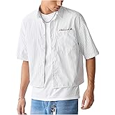 VIPWOLF Men's Striped Cropped Shirts Button Up Letter Embroidered Short Sleeve Cool Streetwear Crop Tee Top