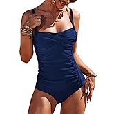 Ekouaer Women's One Piece Swimsuit Ruched Tummy Control Bathing Suits Vintage Retro Push Up Swimwear