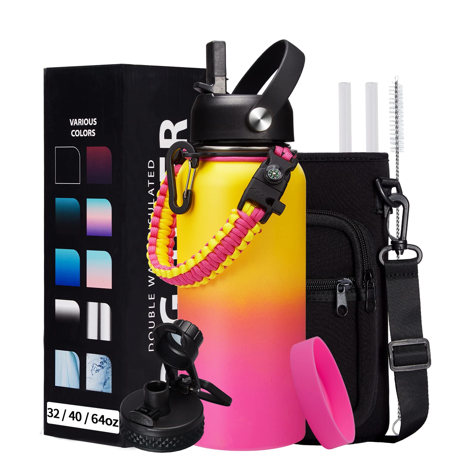 Photo 1 of 32/40/64oz Insulated Water Bottle with Paracord Handle, Sleeve Carry Strap, Straw Spout Lid, Wide Mouth Metal Canteen Sports Thermo Mug, Leak & Sweat Proof Cold Flask Jug for Camping Traveling