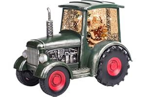 VISFLAIR Christmas Musical Snow Globe Lantern Santa in A Green Tractor Spinning Water Lantern