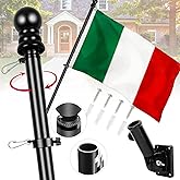 Italy Flag with Poles for Outside House, 6ft Aluminum No Tangle Spinning Flag Pole, 180° Multi- Position Mounting Bracket, 3x5 ft Nylon Italian Flag, Wind Resistant Rust Free Kit (Black)